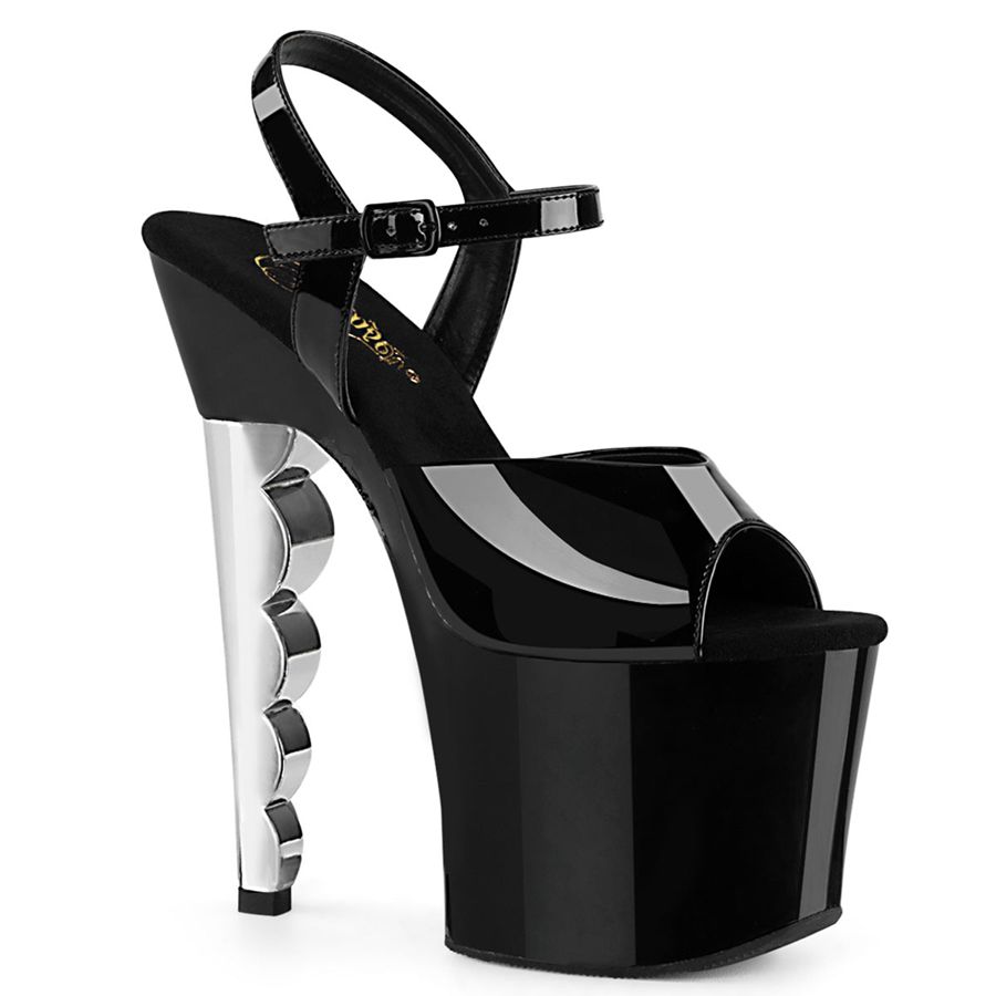 Sandales Bride Cheville Pleaser Scallop-709CH Noir Argent Femme | TGQ-0546521